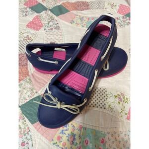 Crocs Beach Line Boat Shoes Navy Blue Pink Women 7 Loafers Slip On Nautical